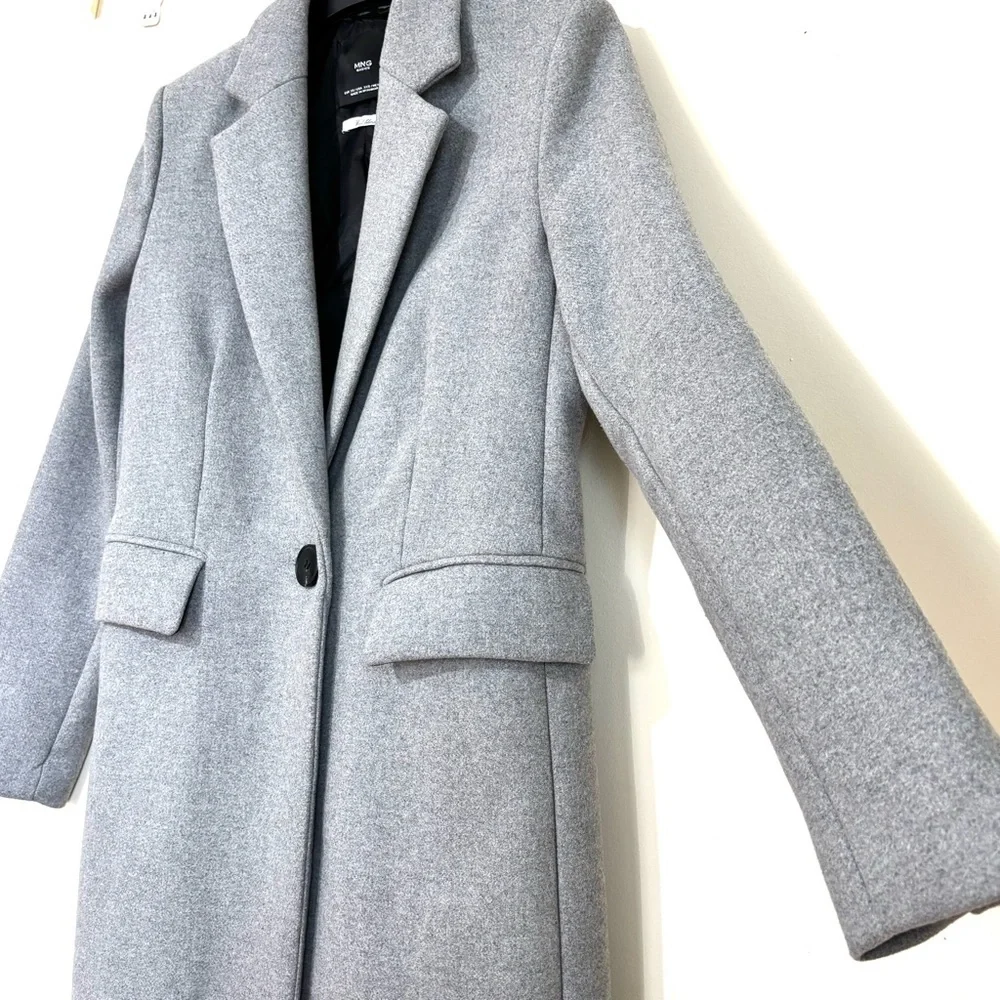 Mango MNG heather gray wool blend one button business classic tailored pea coat
